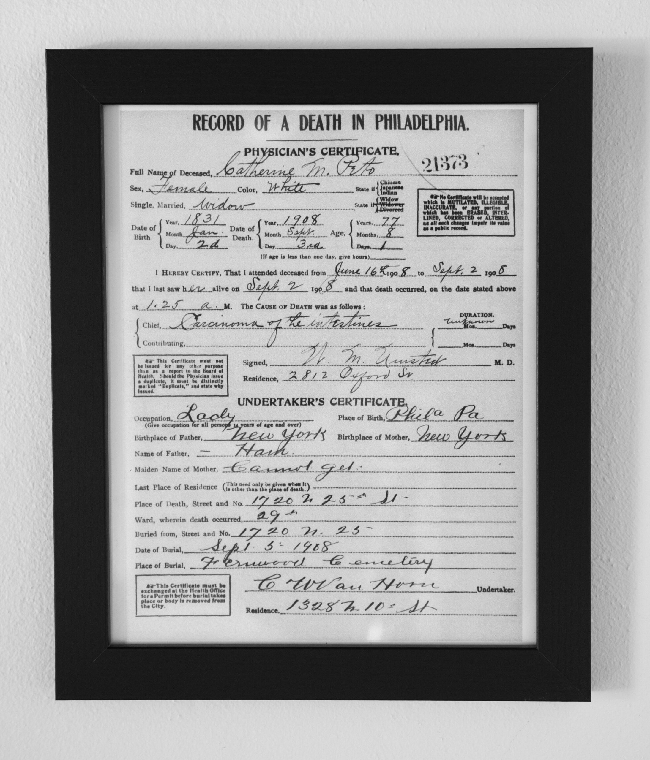 Catherine Ham Peto, Death Certificate